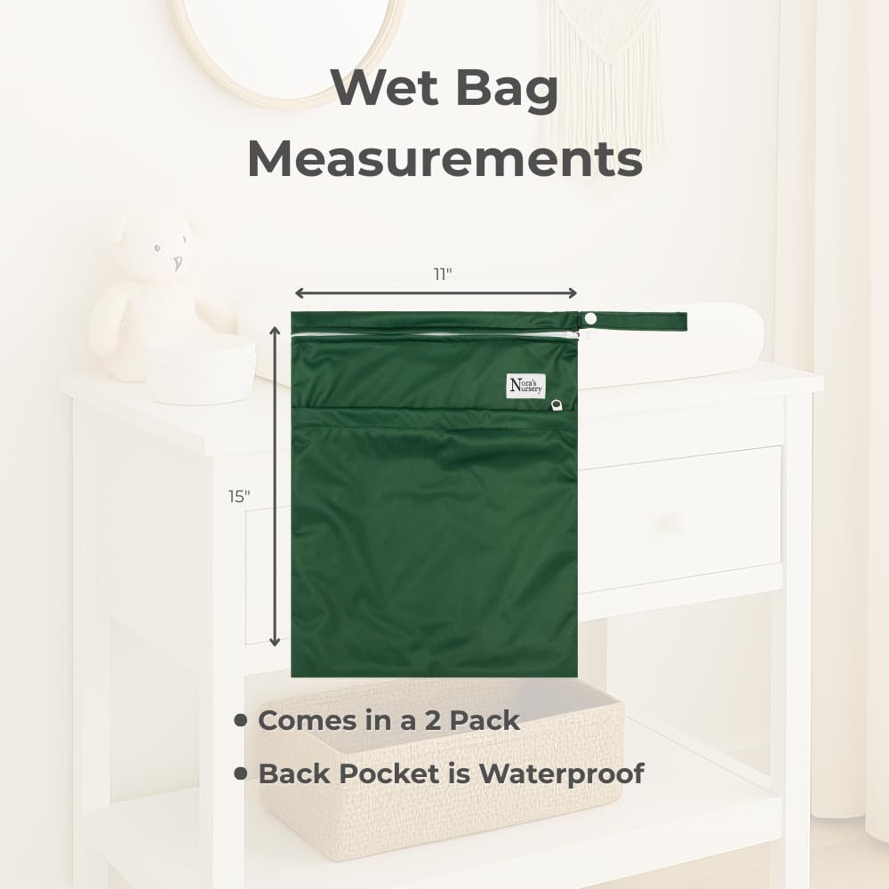 Nora's Nursery Reusable Wet Dry Bag for Cloth Diapers, Washable Pod with Large Zipper Opening, 2-Pack Waterproof Diaper Pods with Detachable Snap, Wet Bags for Cloth Diapers