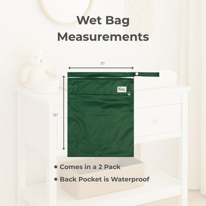 Nora's Nursery Reusable Wet Dry Bag for Cloth Diapers, Washable Pod with Large Zipper Opening, 2-Pack Waterproof Diaper Pods with Detachable Snap, Wet Bags for Cloth Diapers