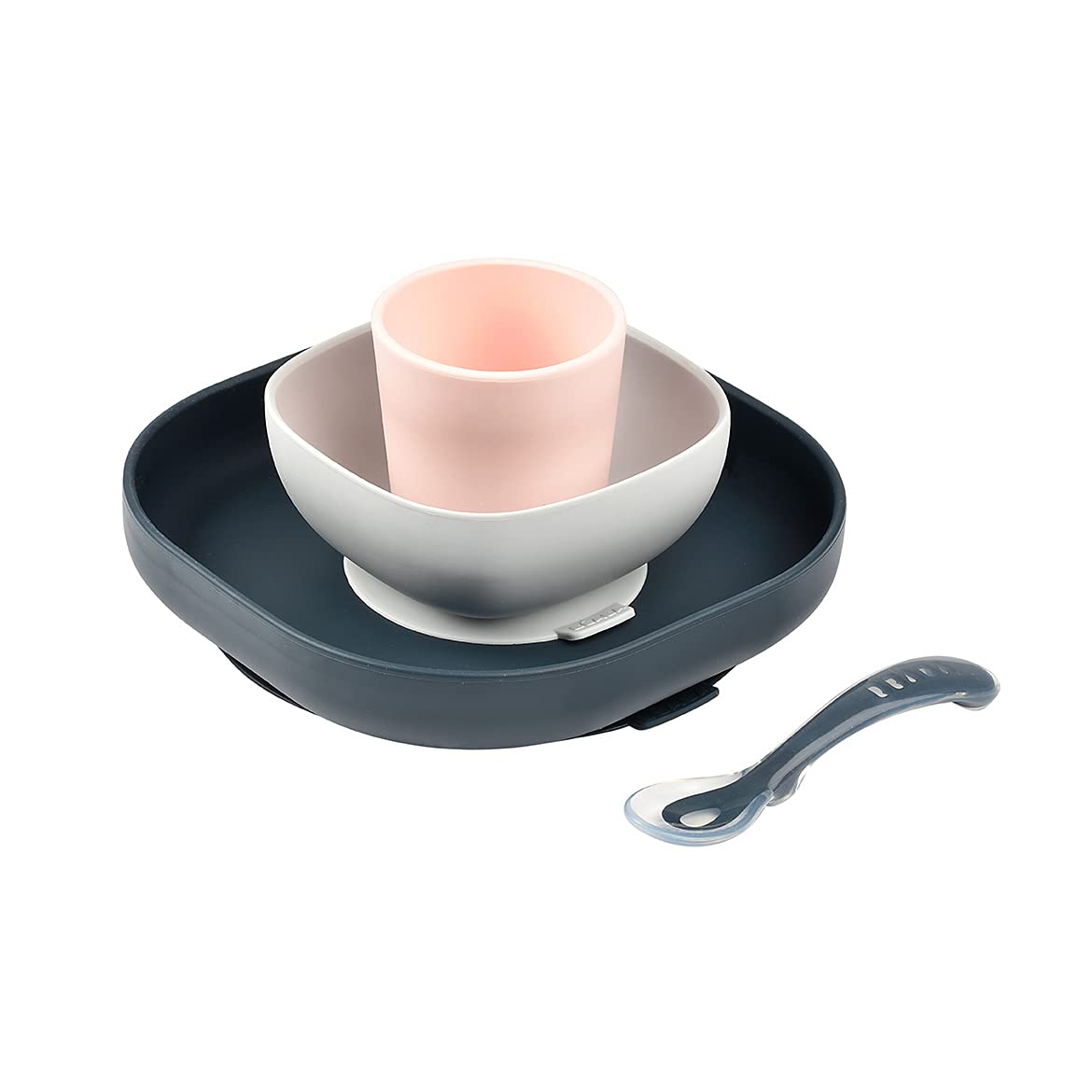 BEABA 100% Silicone 4-Piece Baby Feeding Set, Suction Plates for Baby, Made w/High Grade Food Safe Silicone, Rose