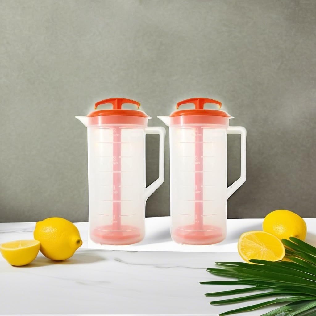 JBK Pottery 2-Quart White Mixing Pitcher with Plunger – BPA-Free Plastic Mixing Jug for Juice, Milk, Tea, Shakes, and More – Dishwasher-Safe, Spill-Proof Lid, Smart Stirring Design