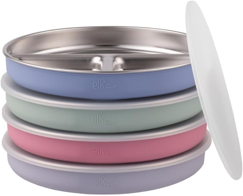Elk and Friends Stainless Steel Divided Plates with Silicone Sleeve for Babies & Toddlers | Lids Included | Stay Put Suction | Dinner & Snack Plates | 4 Pack