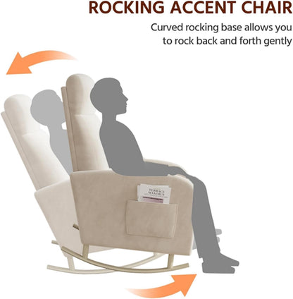HIPIHOM Rocking Chair Nursery, Upholstered Glider Chair with Side Pocket, Modern Nursery Chair with High Backrest and Rubber Metail Legs, Accent Armchair for Living Room Bedroom Indoor (Beige Velvet)