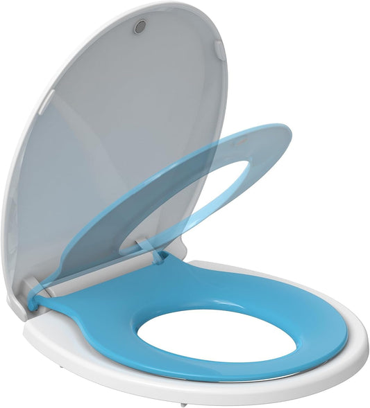 Elongated Toilet Seat with Built in Potty Training Seat, Potty Training Toilet Seat for Toddlers, Magnetic Kids Seat and Cover, Slow Close and Never Loosen, Fits both Adult and Child, White, 19"