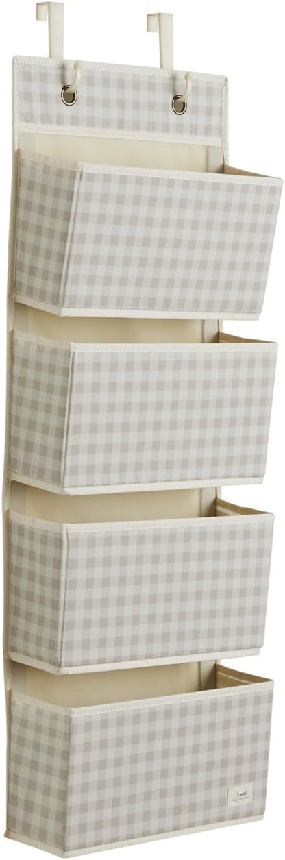 3 Sprouts Over the Door Organizer -Hanging Baby Organizers & Storage with 4 Large Pockets & 2 Hooks for Baby Clothes, Toy, Stuffed Animal -Newborn Essential for Nursery & Toddler Rooms - Gingham Beige