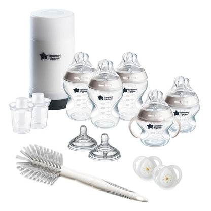 Tommee Tippee Natural Start 12 Piece BPA Free Bottle Set, Includes 2 x 5 oz, 3 x 9 oz, 1 x 11 oz Bottles, Newborn 0+ Months, Slow, Medium & Thicker Flow Breast-Like Nipples, Cleaning Brush, Clear