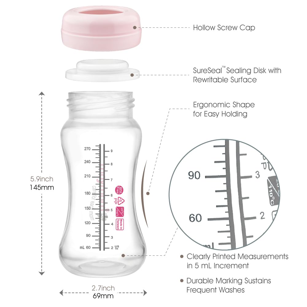 Maymom Wide-Mouth Milk Storage Feeding Collection Bottle with Nipple, Dome Cap, Bottle Top, SureSeal Sealing Disk; Compatible with Spectra Pump/Motif Luna; 5 pc (4.7Oz/140mL)