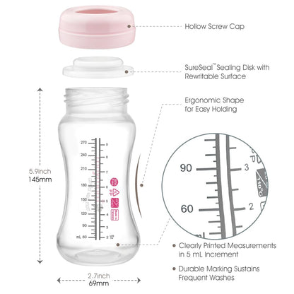 Maymom Wide-Mouth Milk Storage Feeding Collection Bottle with Nipple, Dome Cap, Bottle Top, SureSeal Sealing Disk; Compatible with Spectra Pump/Motif Luna; 5 pc (4.7Oz/140mL)
