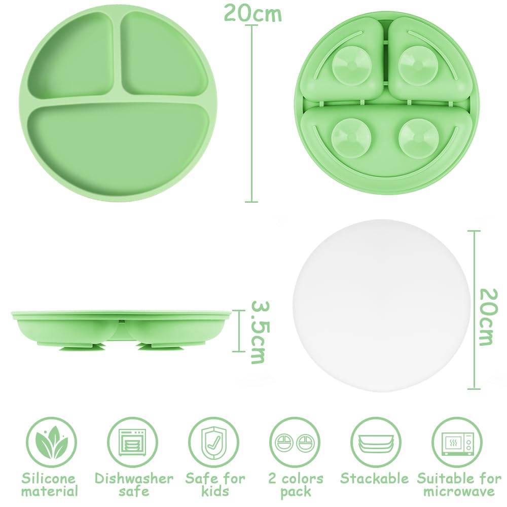 Vicloon Toddler Plates, 3 Pcs Silicone Baby Plates, BPA Free Suction Plates with Lids for Babies and Toddlers, Suction Plate Feature, Divided Plate Design,Toddler Plate Microwave&Dishwasher Safe