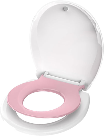Aünsffer Toddler Toilet Seat with Potty Training Seat Round 16.5inch, 2 in 1 Toilet Seat for Family Built-in Baby Seat Removable, Soft Close + Easy Clean, PP Safe Material, Pink