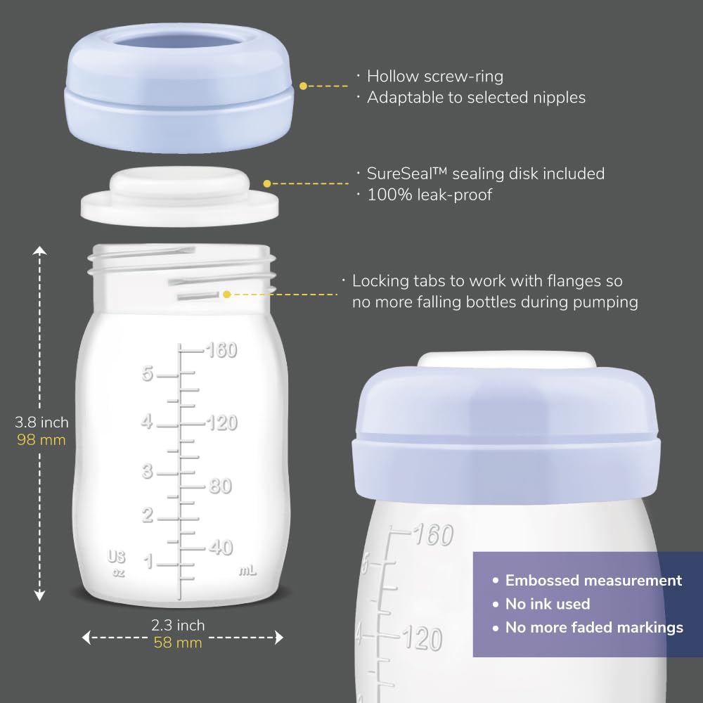 Maymom Wide-Mouth Milk Storage Feeding Collection Bottle with Nipple, Dome Cap, Bottle Top, SureSeal Sealing Disk; Compatible with Spectra Pump/Motif Luna; 5 pc (4.7Oz/140mL)