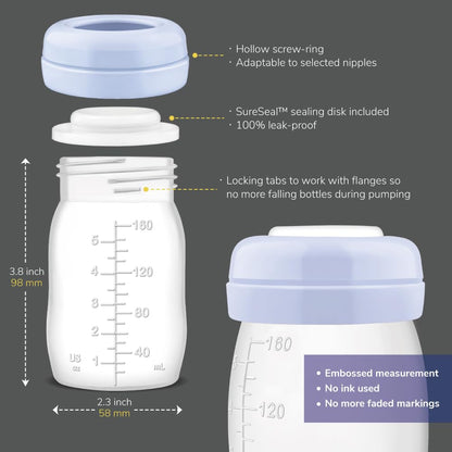 Maymom Wide-Mouth Milk Storage Feeding Collection Bottle with Nipple, Dome Cap, Bottle Top, SureSeal Sealing Disk; Compatible with Spectra Pump/Motif Luna; 5 pc (4.7Oz/140mL)