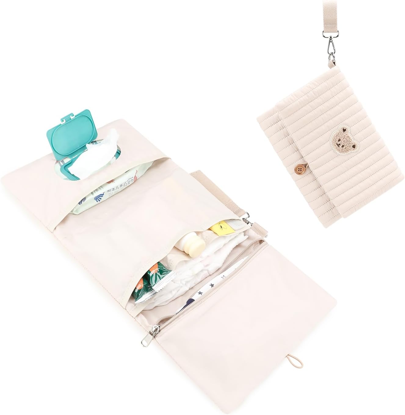 MOMIGO Baby Diaper Bag Organizer Pouches Waterproof Mini Diaper Bag - 2 pcs/set Foldable Hanging Bag Reusable, Washable or Cloth Diapers, with Gift for Baby Shower (Khaki（A）)