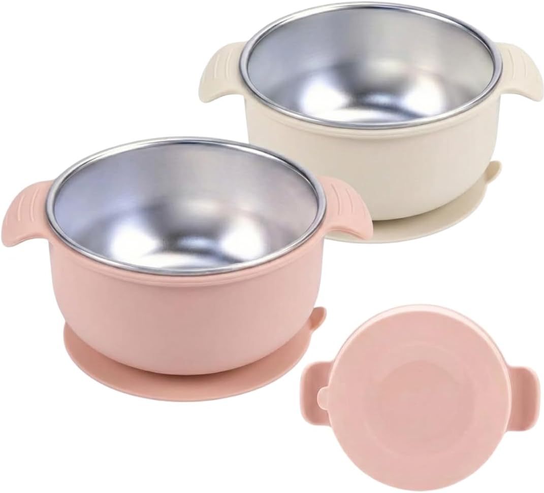 Stainless Steel Baby Suction Bowls with Handles 2 Pack, Non-Slip Children Food Bowl with Silicone Sleeve for Kids Toddlers Infants, Unbreakable & Non Toxic (Sage Green & Mocha Mousse)
