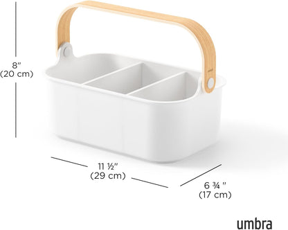 Umbra Bellwood Stackable Bin, 14" x 10" Durable Lightweight Container with Wooden Handle and Removable Dividers, Black/Walnut