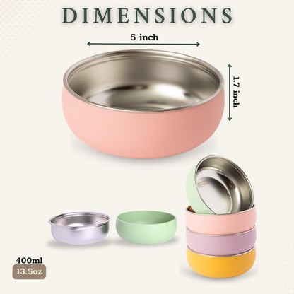 Monkey Proof™ Non-Toxic Stainless Steel Child Bowl 5” with Non-Slip Silicone Shell, Multi-color, (Set of 4 bowls) Unbreakable, Mess Free Feeding for Babies, Toddlers, Kids, BPA free