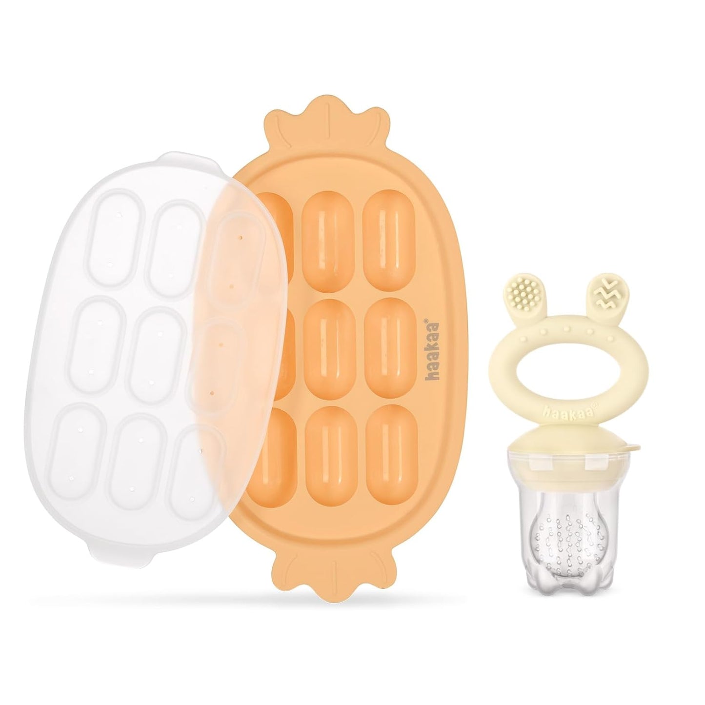Haakaa Baby Fruit Food Feeder & Silicone Freezer Nibble Tray Combo - Breastmilk Popsicle Mold for Baby Cooling Relief, BPA Free Baby Mesh Food Feeder for Infant Self Feeding