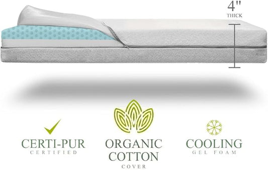 Organic Cotton 2-Sided Crib Mattress | Waterproof Washable Protector w/Ventilated Foam Lining | Light 2-in-1 Baby Mattress w/Firm Support for Infant & Soft CertiPUR Foam for Toddler | 52x27.5x4”