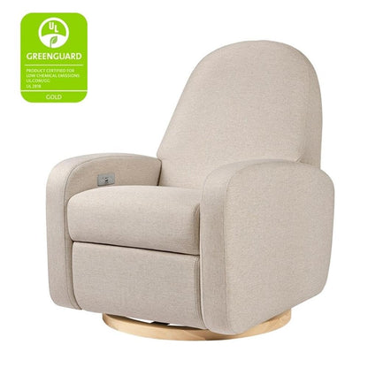 Babyletto Nami Electronic Power Recliner and Swivel Glider with USB Port in Ivory Boucle with Light Wood Base, Greenguard Gold and CertiPUR-US Certified