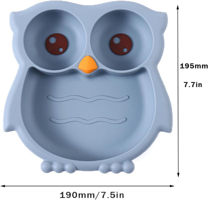 PandaEar Toddler Suction Plates, Stay Put Divided Baby Plates, Owl Shape BPA-Free 100% Food-Grade Silicone Unbreakable Baby Plate, Baby Feeding Supplies (Blue)