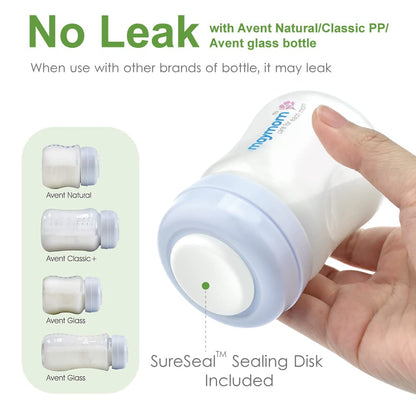 Maymom Wide-Mouth Milk Storage Feeding Collection Bottle with Nipple, Dome Cap, Bottle Top, SureSeal Sealing Disk; Compatible with Spectra Pump/Motif Luna; 5 pc (4.7Oz/140mL)