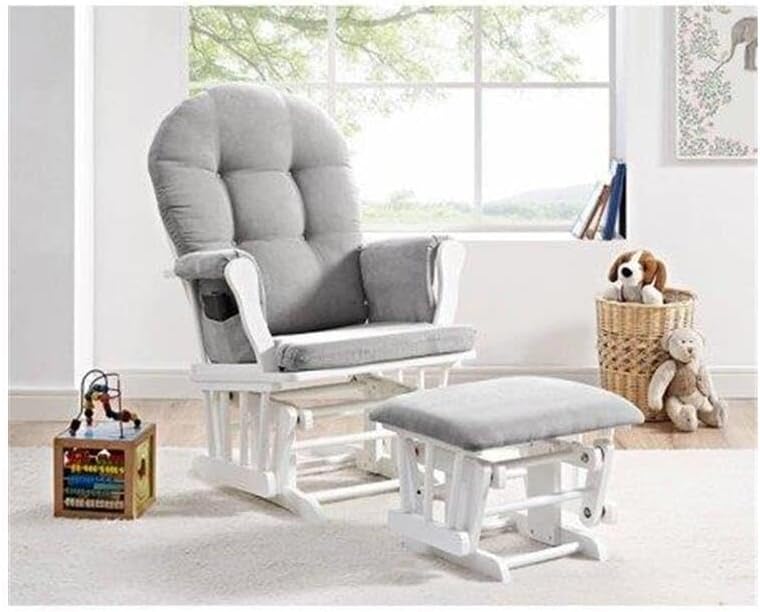 HomeStock Glider and Ottoman Set - Padded Arms, Storage Pockets, Metal Bearings White and Blue