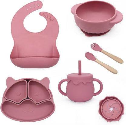 Baby Feeding Essentials, Baby Led Weaning Supplies, Silicone Baby Feeding Set, with Baby Spoon, Fork, Baby Bib, Sippy Cup, Suction Plate, Suction Bowl, Baby Eating Essentials, 6+ Months (Beige)