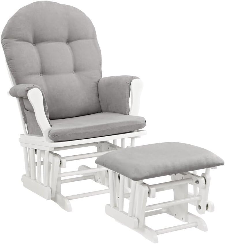 HomeStock Glider and Ottoman Set - Padded Arms, Storage Pockets, Metal Bearings White and Blue