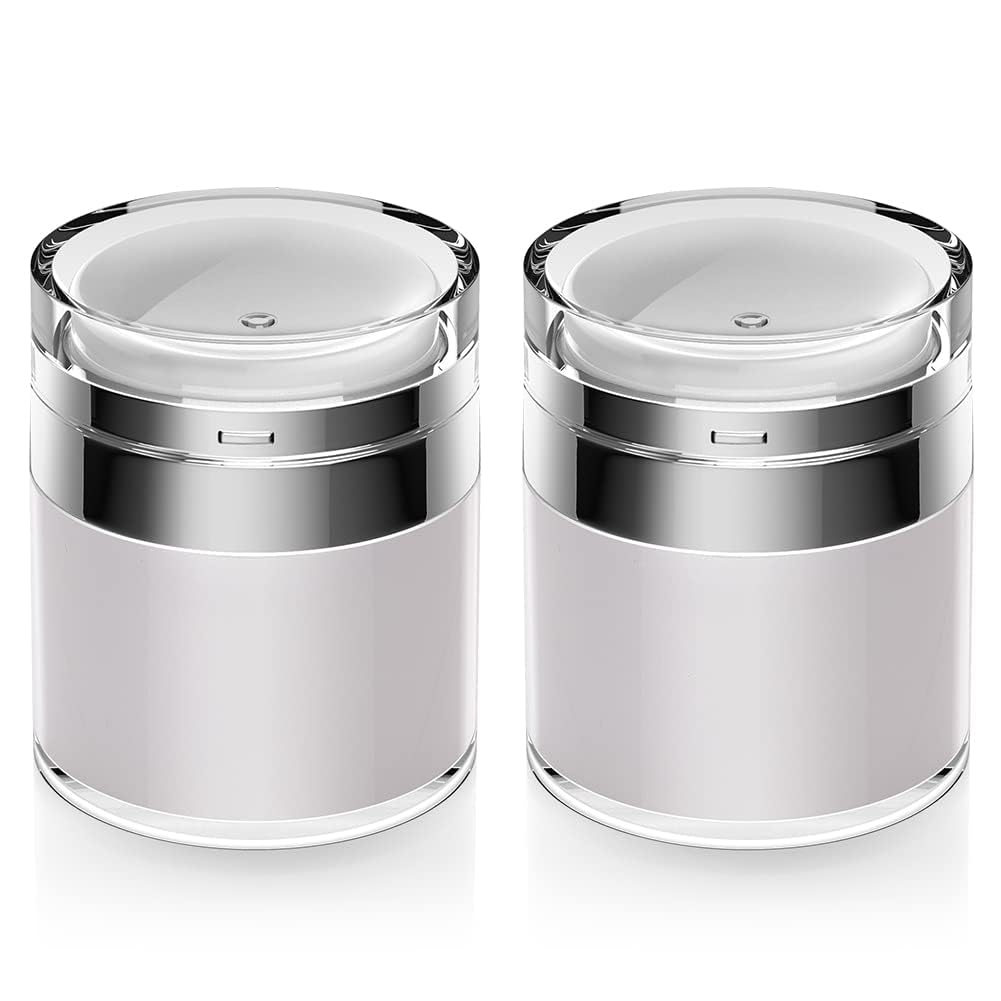 Airless Pump Jar, 1 oz Airless Pump Bottles, Travel Lotion Container – Vacuum Dispenser for Cream – Leak-Proof TSA-Friendly Design Keeps Cream Fresh – Multi-Purpose for Lotion, Sunscreen (2 Pack)