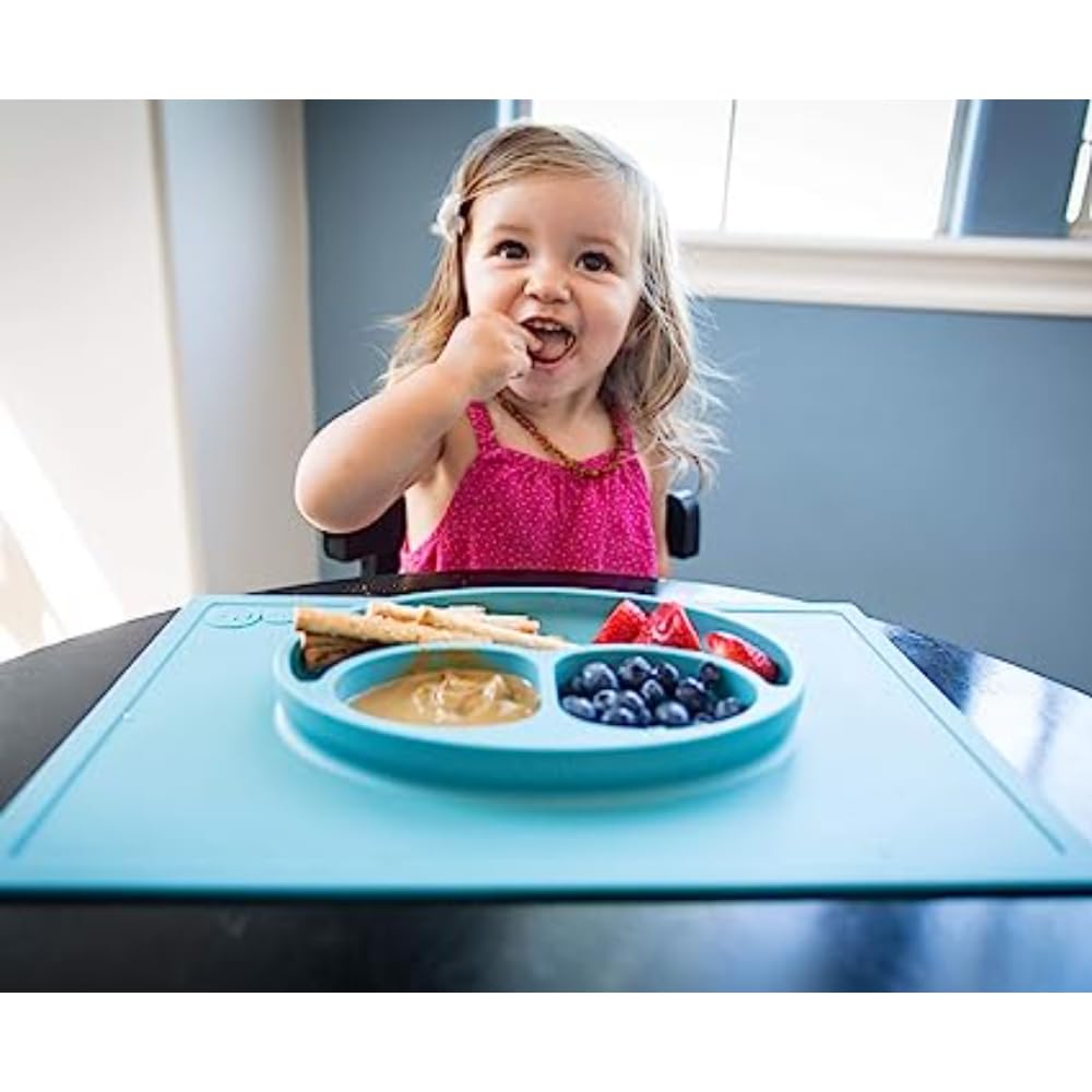 ezpz Mini Mat (Blush) - 6 -12 Months+ - 100% Silicone Suction Placemat + Divided Plate with Three Compartments - Supports Baby-Led Weaning - Designed for Highchair, Table, and Travel