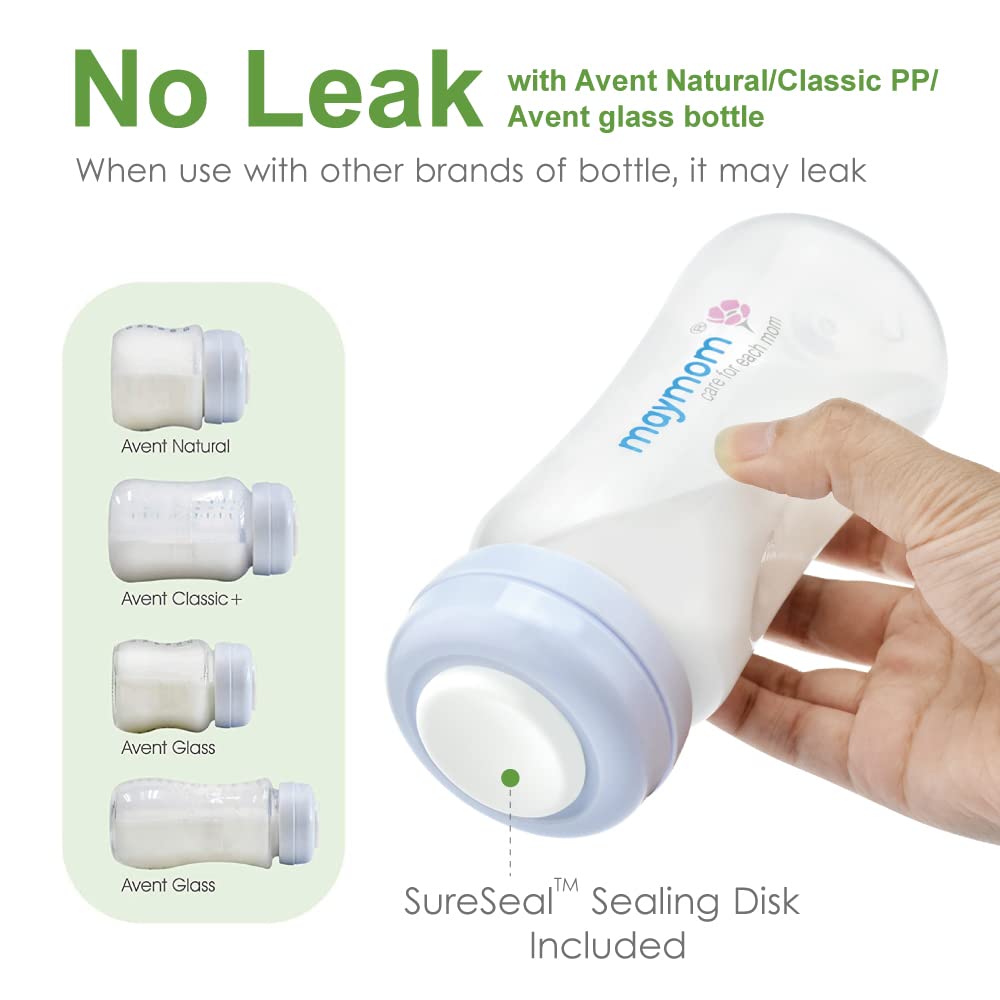 Maymom Wide-Mouth Milk Storage Feeding Collection Bottle with Nipple, Dome Cap, Bottle Top, SureSeal Sealing Disk; Compatible with Spectra Pump/Motif Luna; 5 pc (4.7Oz/140mL)