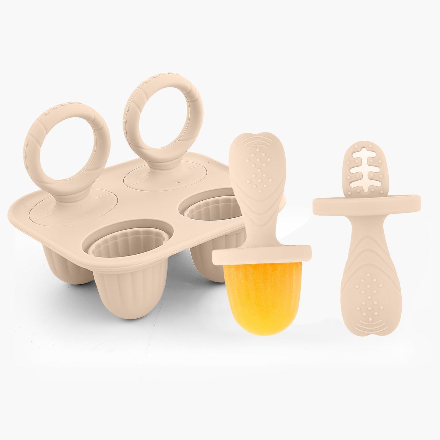 Silicone Baby Ice Pop Molds with Easy-Grip Handles, 4-Cavity Frozen Food Feeder Tray for Toddlers, Mini Popsicle Maker for Feeding Stage, Fruit Puree & Breast Milk Snacks(Olive Green)
