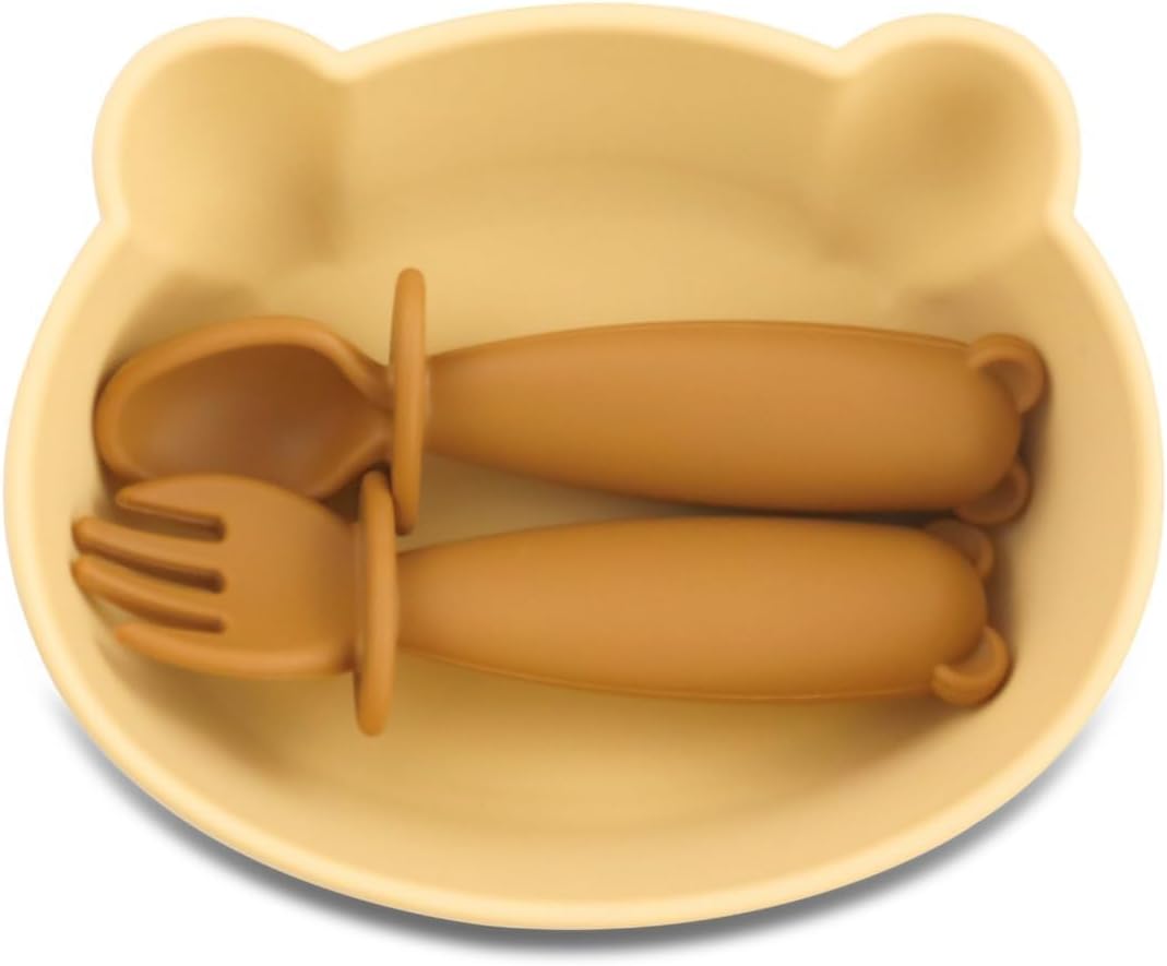 Silicone Bear Shaped Baby Bowl with Suction, Spoon & Fork for Babies 6+ Months, Infant Feeding BLW Baby Essentials Must Haves, BPA Free, Dishwasher Safe (Very Bear)