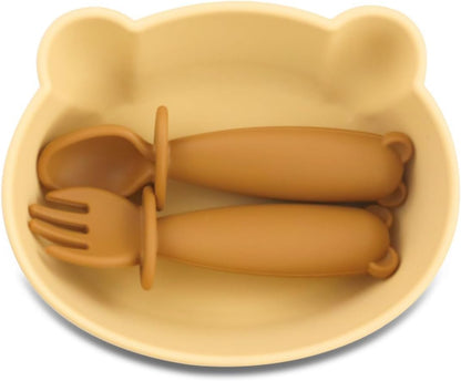 Silicone Bear Shaped Baby Bowl with Suction, Spoon & Fork for Babies 6+ Months, Infant Feeding BLW Baby Essentials Must Haves, BPA Free, Dishwasher Safe (Very Bear)