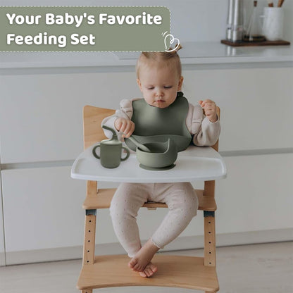 6-Piece Silicone Baby Feeding Set Non-Slip Suction Plate, Bowl, Spoon, Fork, Cup, Bib. BPA-Free, Dishwasher & Microwave Safe for Babies & Toddlers