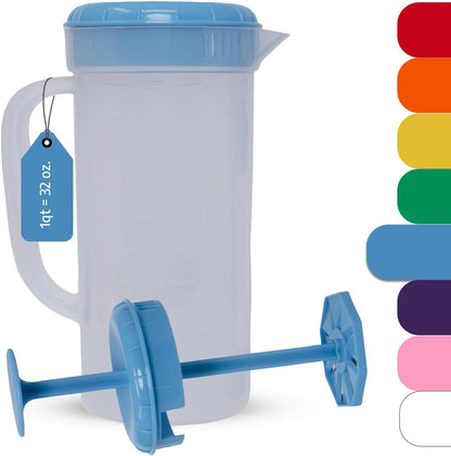 JBK Pottery 1 Quart Plastic Mixing Pitcher with Mixing Lid, BPA Free, Shatterproof Beverage Jug for Iced Tea, Lemonade, Juices, Milk – Leak-Proof, Easy Stirring, Dishwasher Safe | Blue