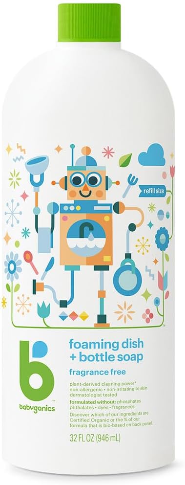 Babyganics Foaming Dish & Bottle Soap, Fragrance Free, Removes Dried Milk, 32 Fl Oz (Pack of 2), Packaging May Vary