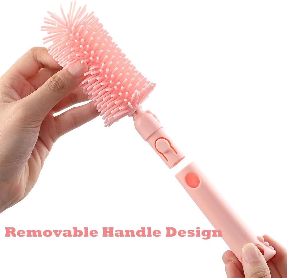 6 In1 Baby Bottle Brush Kit,Portable Silicone Bottle Brush Cleaner Set with Straw Brush,Nipple Brush,Drying Rack,Soap Dispenser,Storage Bag for Travel or Home,Compact&Space-Saving(Pink)