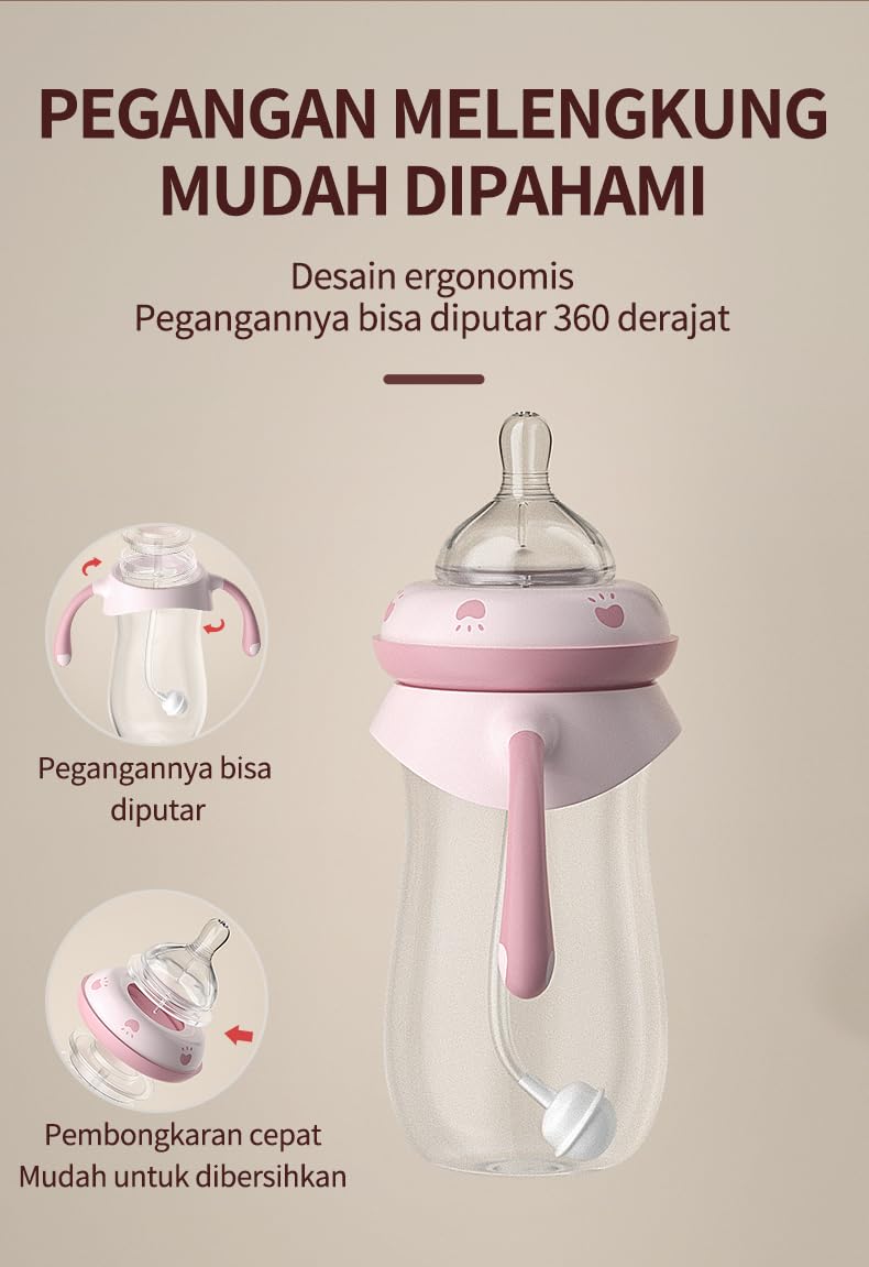 Oberni Baby Bottles, Weighted Straw Toddler Milk Bottles with Non-Slip Handle, Size + Variable Fast Flow, 12+ Months, BPA-Free, Pink/1Pack/9oz