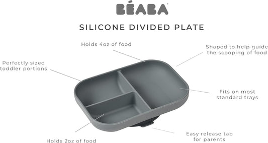 Beaba Silicone Suction Plates for Baby, Made with High Grade Food Safe Silicone, Toddler Dishes, Soft Unbreakable Baby Plates with Suction Bottom, Sage