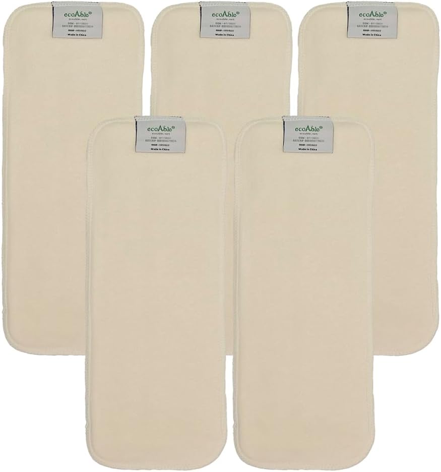 EcoAble 4-Layer Hemp Diaper Inserts – Overnight Boosters for Heavy Wetters – Reusable Absorbency Doublers – Fits Pocket, Cotton Prefold & Cover – Washable Natural Fiber Liners (Pack of 5)