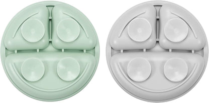 PandaEar Silicone Baby Feeding Set| 2 Pack Silicone Divided Suction Plate with 2 Pack Spoons | Baby Led Weaning Supplies Self Feeding Eating Utensils (Green/Grey)