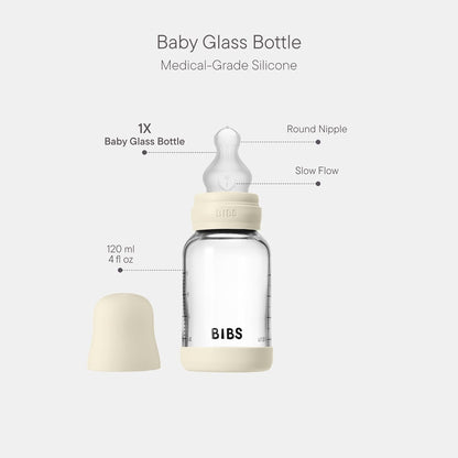 BIBS Baby Glass Bottle. 4 US fl oz / 120 ml. Anti-Colic. Vented Round Silicone Nipple. Supports Natural Breastfeeding, Slow Flow, Complete Set - Sage