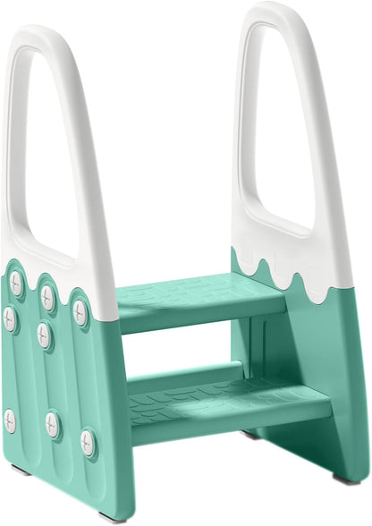 Two Step Stool with Handrails for Toddler and Kids, Standing Learning Stool Tower for Bathroom Sink, Potty Training, Children Step Up Learning Helper with Handles and Safety Non-Slip Pads(Gray)