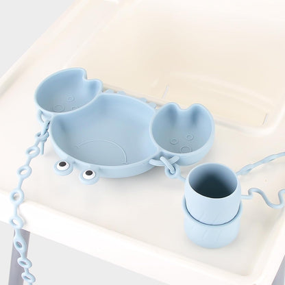 Silicone Baby Feeding Set, 8-Piece Baby Led Weaning Supplies Included Toddler Suction Plate, Bowl, Cup, 3 Spoons & 2 Safety Straps Keep Spoon, Fork & Bottle Off The Floor for Self-Feeding (Blue)