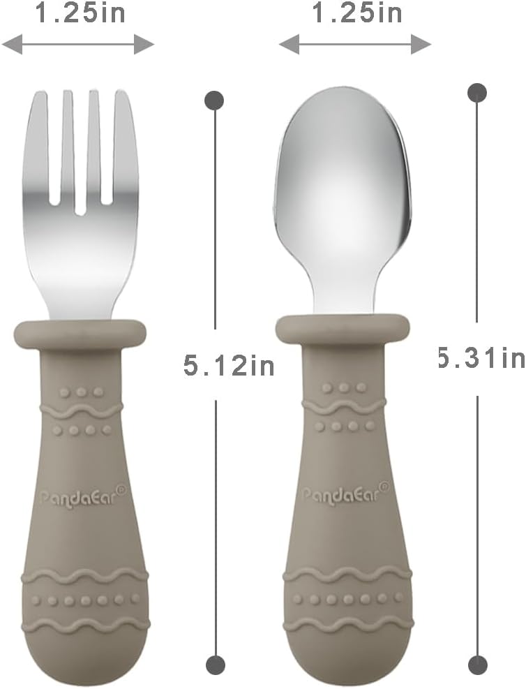 PandaEar Silicone Baby Feeding Set| 2 Pack Silicone Divided Suction Plate and 2 Pack Tiny Cup with 2 Spoons 2 Forks| Baby Led Weaning Supplies Self Feeding Eating Utensils (Light Tan/Walnut)