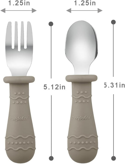 PandaEar Silicone Baby Feeding Set| 2 Pack Silicone Divided Suction Plate and 2 Pack Tiny Cup with 2 Spoons 2 Forks| Baby Led Weaning Supplies Self Feeding Eating Utensils (Light Tan/Walnut)