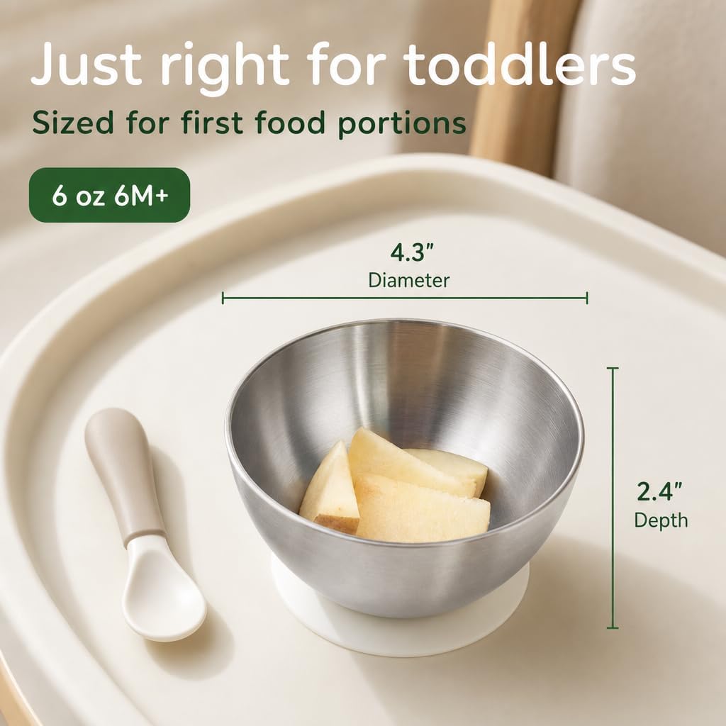 Stainless Steel Suction Bowl for Baby & Toddler – 4.3” Baby Led Weaning Bowl with Strong Silicone Base, 6M+ Self Feeding, Double Wall Insulated, Plastic-Free, Dishwasher Safe