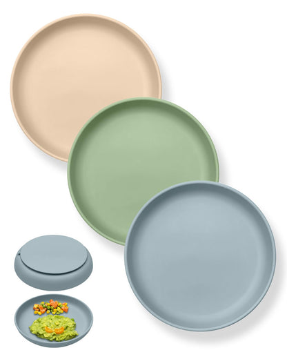 Classic Toddler Plates with Suction (3 Pack), Non Toxic & BPA Free Silicone Suction Plates for Baby Toddler Kids, Non Slip Baby Dinner Dishes Microwavable & Dishwasher Safe