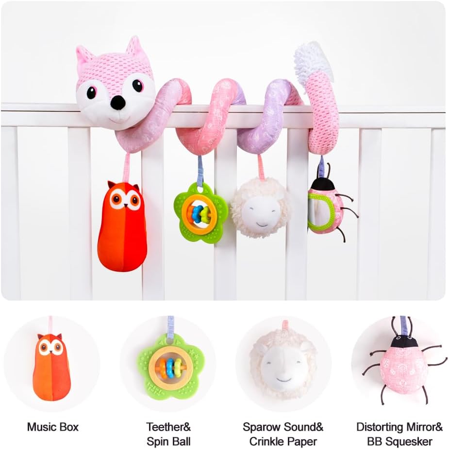Koty Car Seat Toys, Infant Baby Spiral Plush Activity Hanging Toy for Stroller Bar Pram Crib with Music Box BB Squeaker & Rattles(Black Fox)