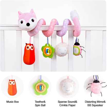 Koty Car Seat Toys, Infant Baby Spiral Plush Activity Hanging Toy for Stroller Bar Pram Crib with Music Box BB Squeaker & Rattles(Black Fox)